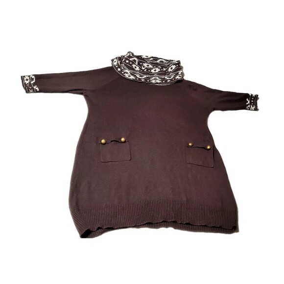 Pink Rose 3X Brown Sweater Dress – Fair Isle Cowl & Cuffs – Plus Size Cozy Knit - Picture 3 of 16